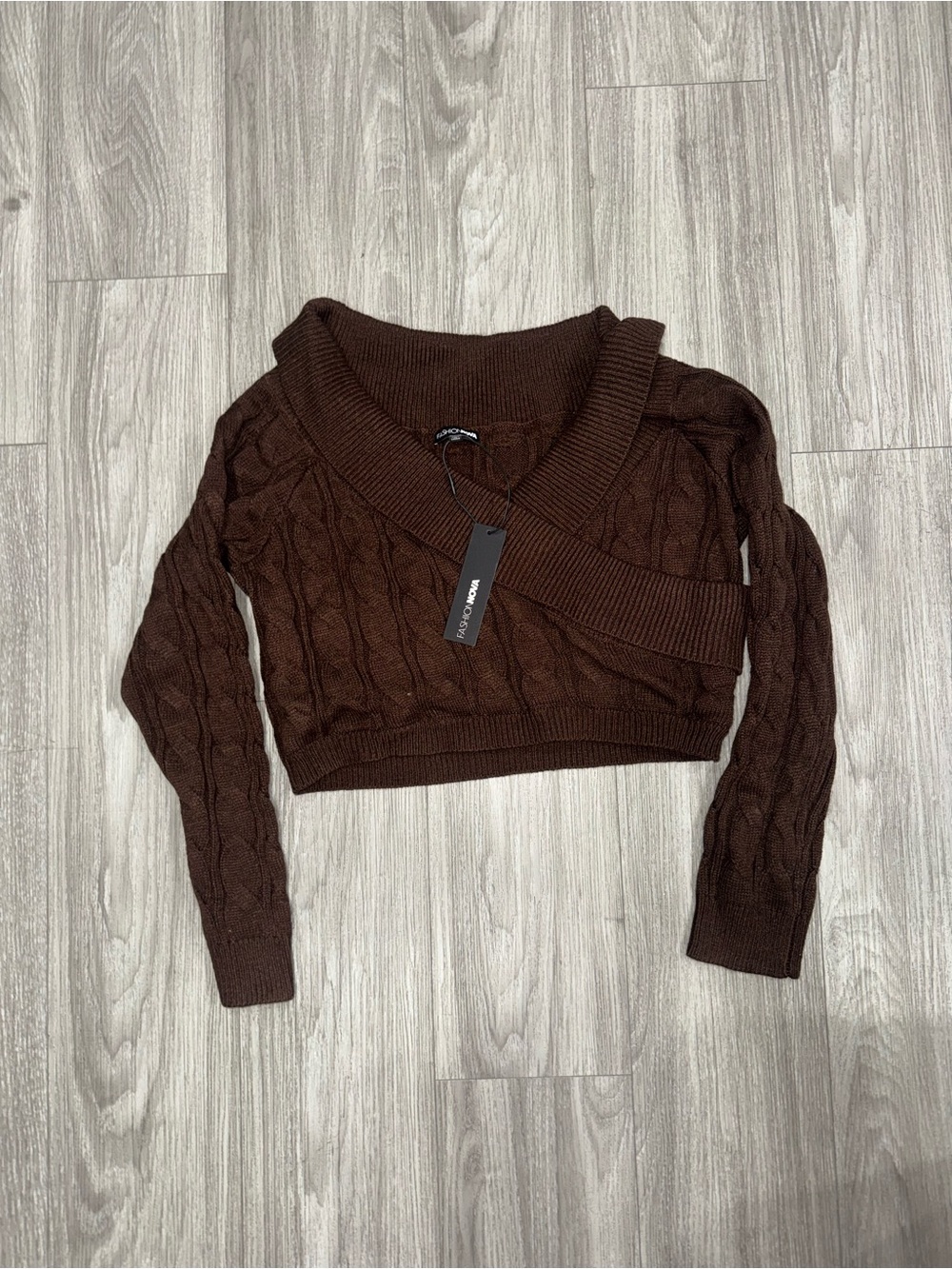 Fashion Nova Chocolate Brown Off-Shoulder Cable Knit Crop Sweater